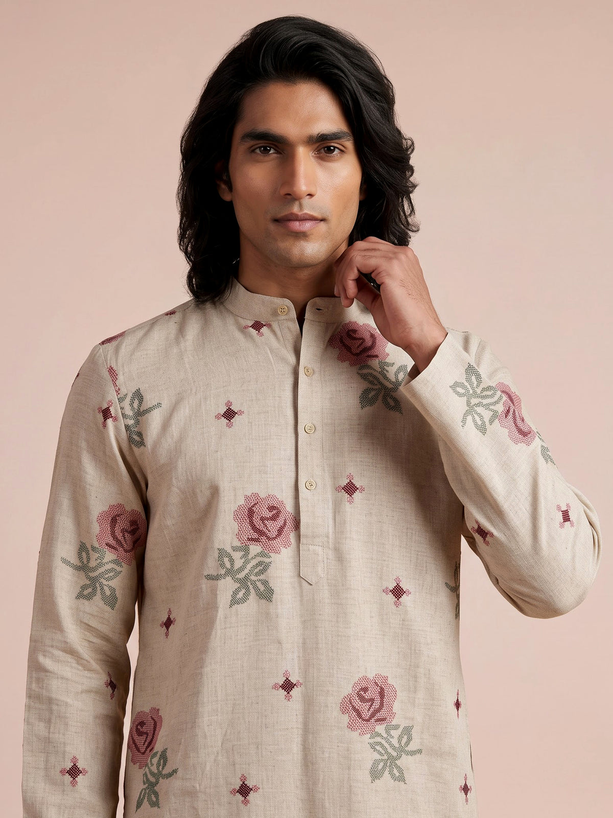 Beige linen chinese collar kurta with thread detailing for mens
