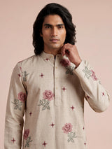 Beige linen chinese collar kurta with thread detailing for mens