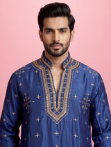 Royal blue silk embroidered kurta suit with mandarin collar