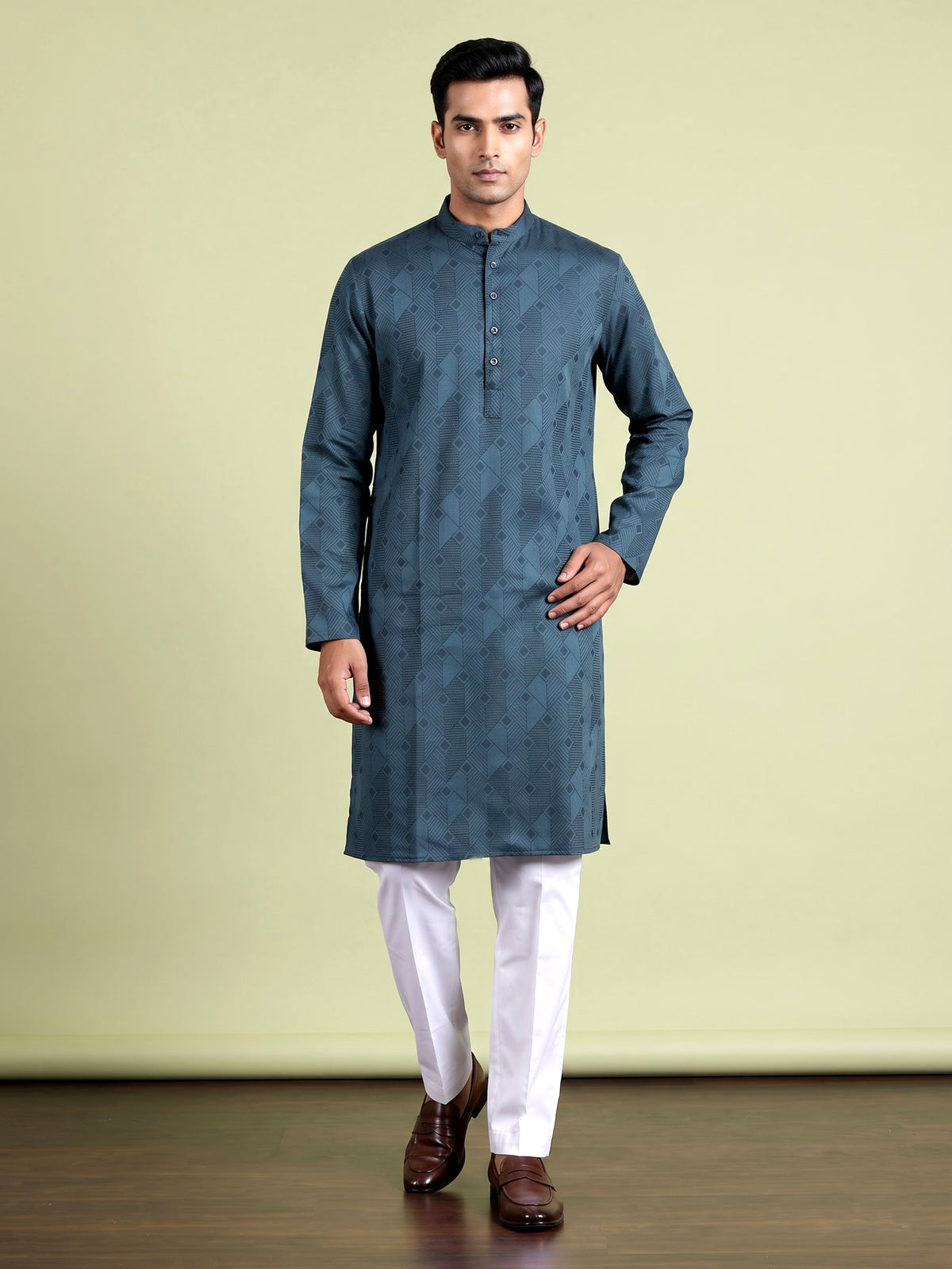 Teal blue printed silk kurta suit with mandarin collar