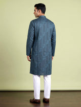 Teal blue printed silk kurta suit with mandarin collar