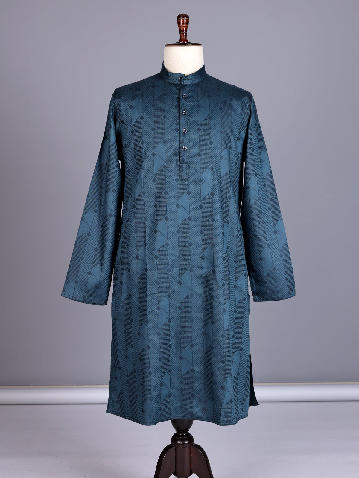 Teal blue printed silk kurta suit with mandarin collar