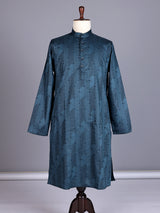 Teal blue printed silk kurta suit with mandarin collar