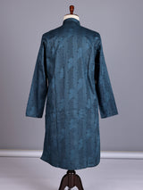 Teal blue printed silk kurta suit with mandarin collar