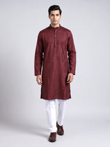 Wine printed silk kurta suit with mandarin collar for mens