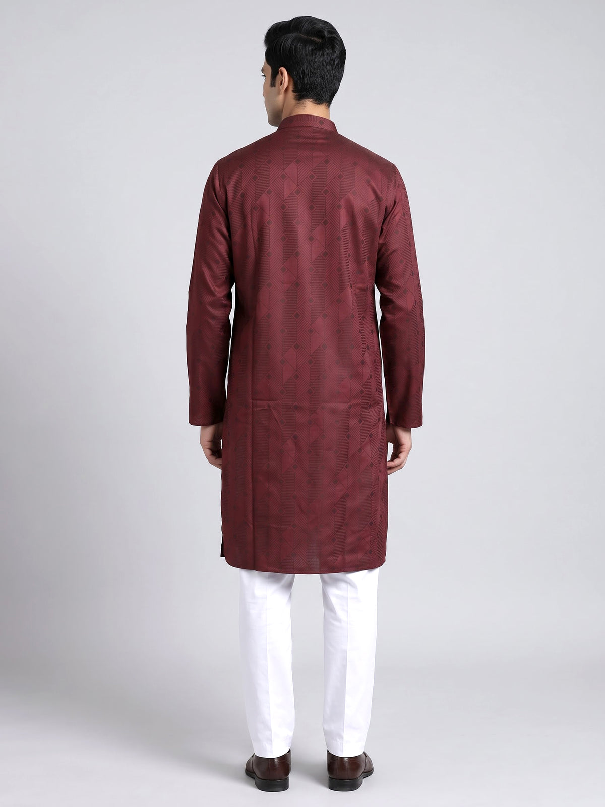 Wine printed silk kurta suit with mandarin collar for mens