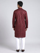 Wine printed silk kurta suit with mandarin collar for mens