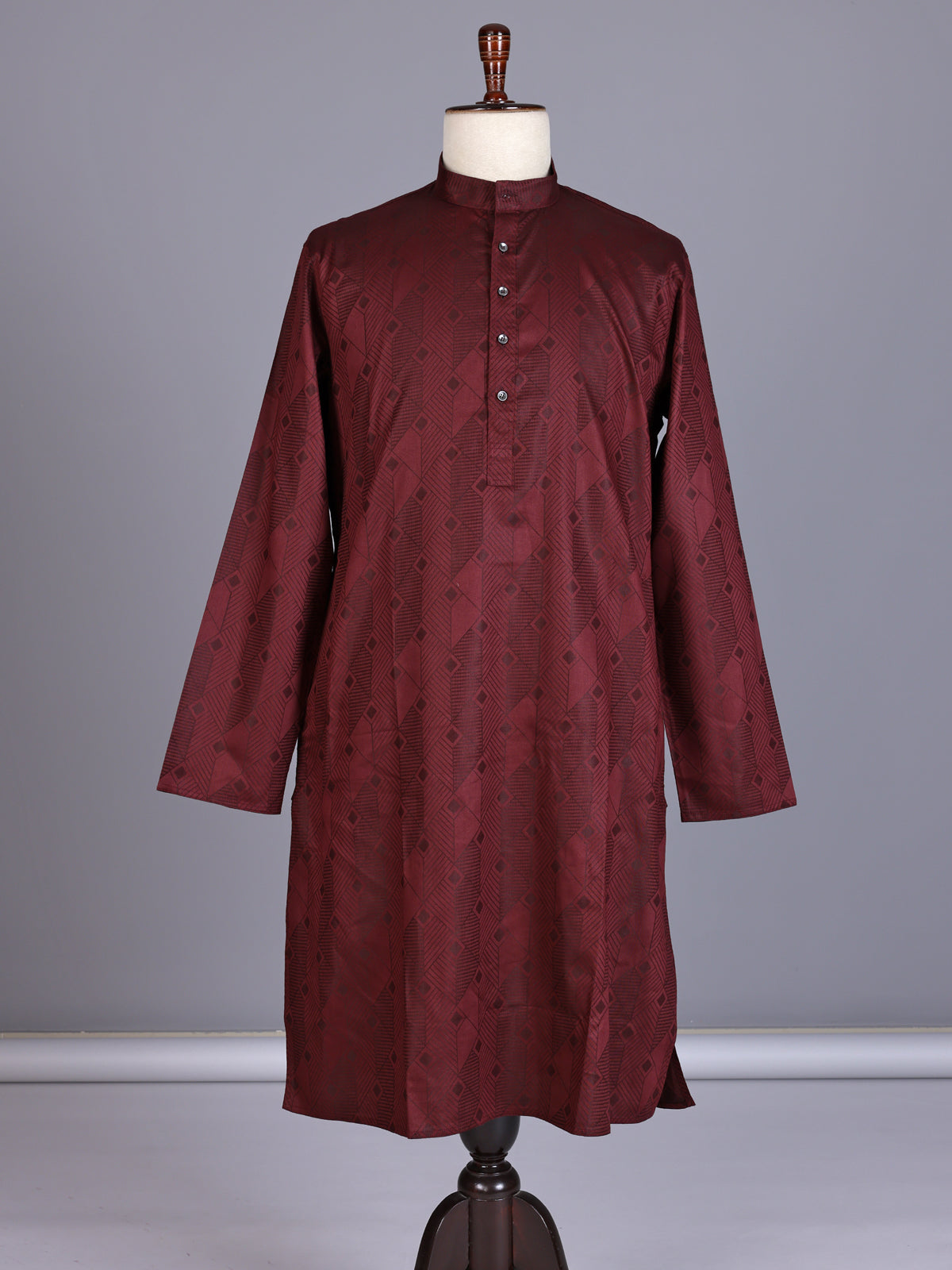 Wine printed silk kurta suit with mandarin collar for mens