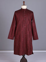 Wine printed silk kurta suit with mandarin collar for mens