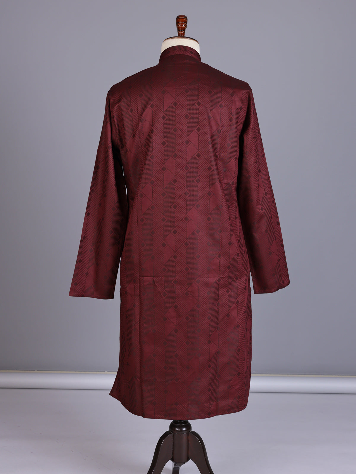 Wine printed silk kurta suit with mandarin collar for mens