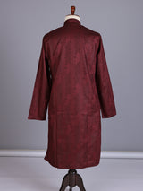 Wine printed silk kurta suit with mandarin collar for mens