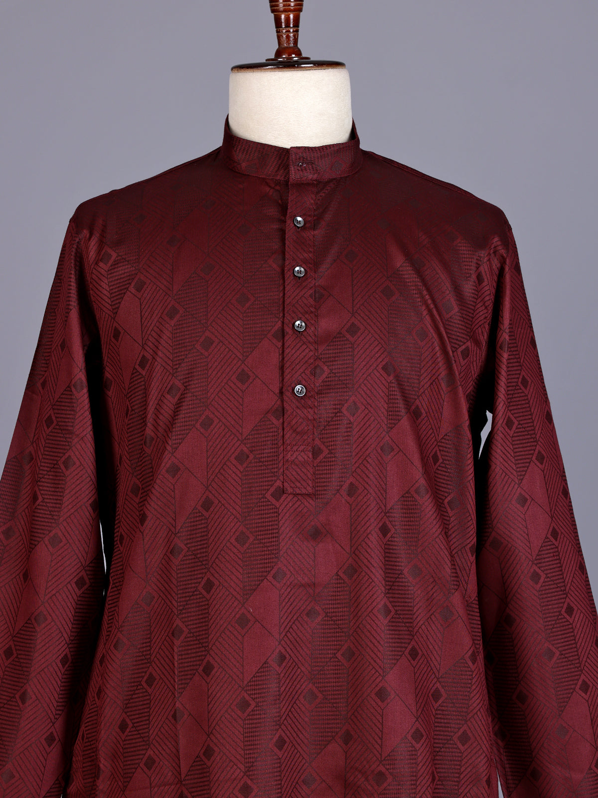 Wine printed silk kurta suit with mandarin collar for mens