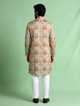 Mint blue printed silk kurta suit with mandarin collar