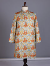 Mint blue printed silk kurta suit with mandarin collar