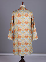 Mint blue printed silk kurta suit with mandarin collar