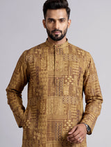 Dark beige printed silk kurta suit with mandarin collar