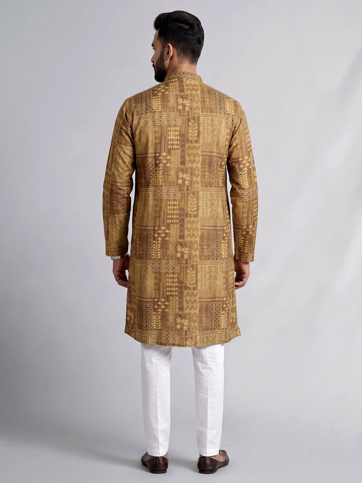 Dark beige printed silk kurta suit with mandarin collar