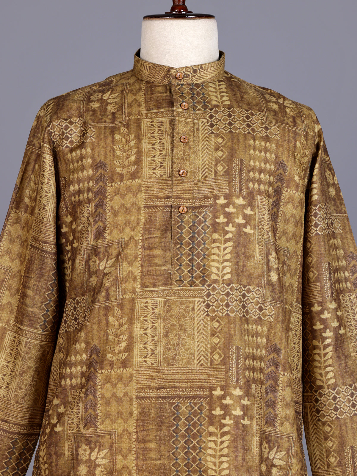 Dark beige printed silk kurta suit with mandarin collar