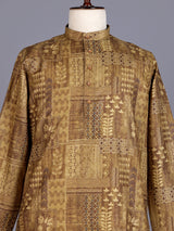 Dark beige printed silk kurta suit with mandarin collar