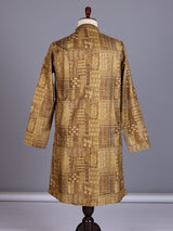 Dark beige printed silk kurta suit with mandarin collar