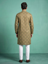 Mehendi green bandhani printed silk kurta suit for mens