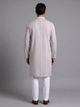 Beige striped cotton silk blend kurta suit with mandarin collar