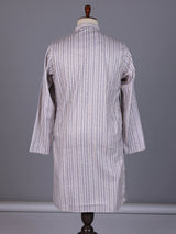 Beige striped cotton silk blend kurta suit with mandarin collar