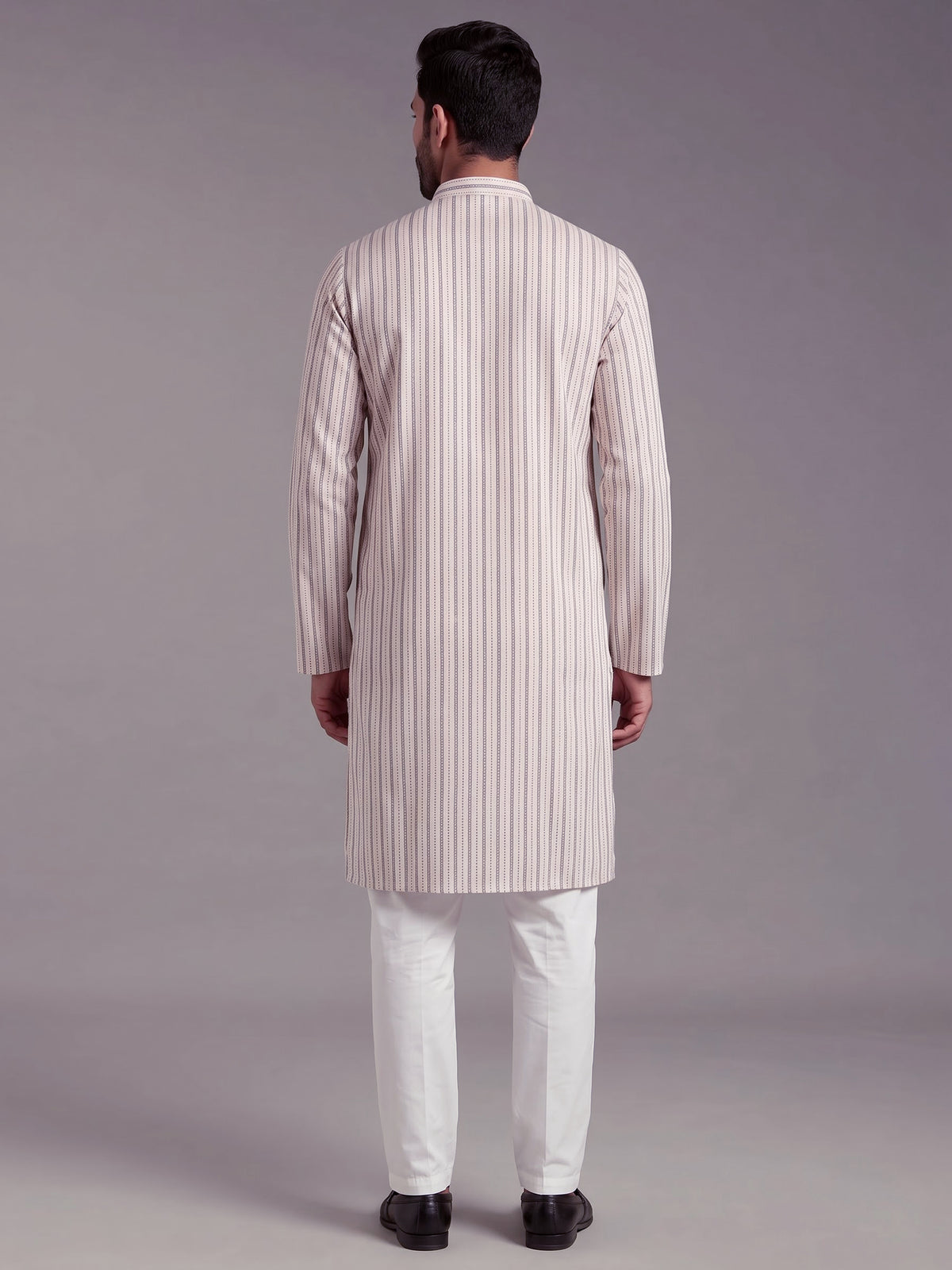 Light beige striped cotton silk blend kurta suit for mens