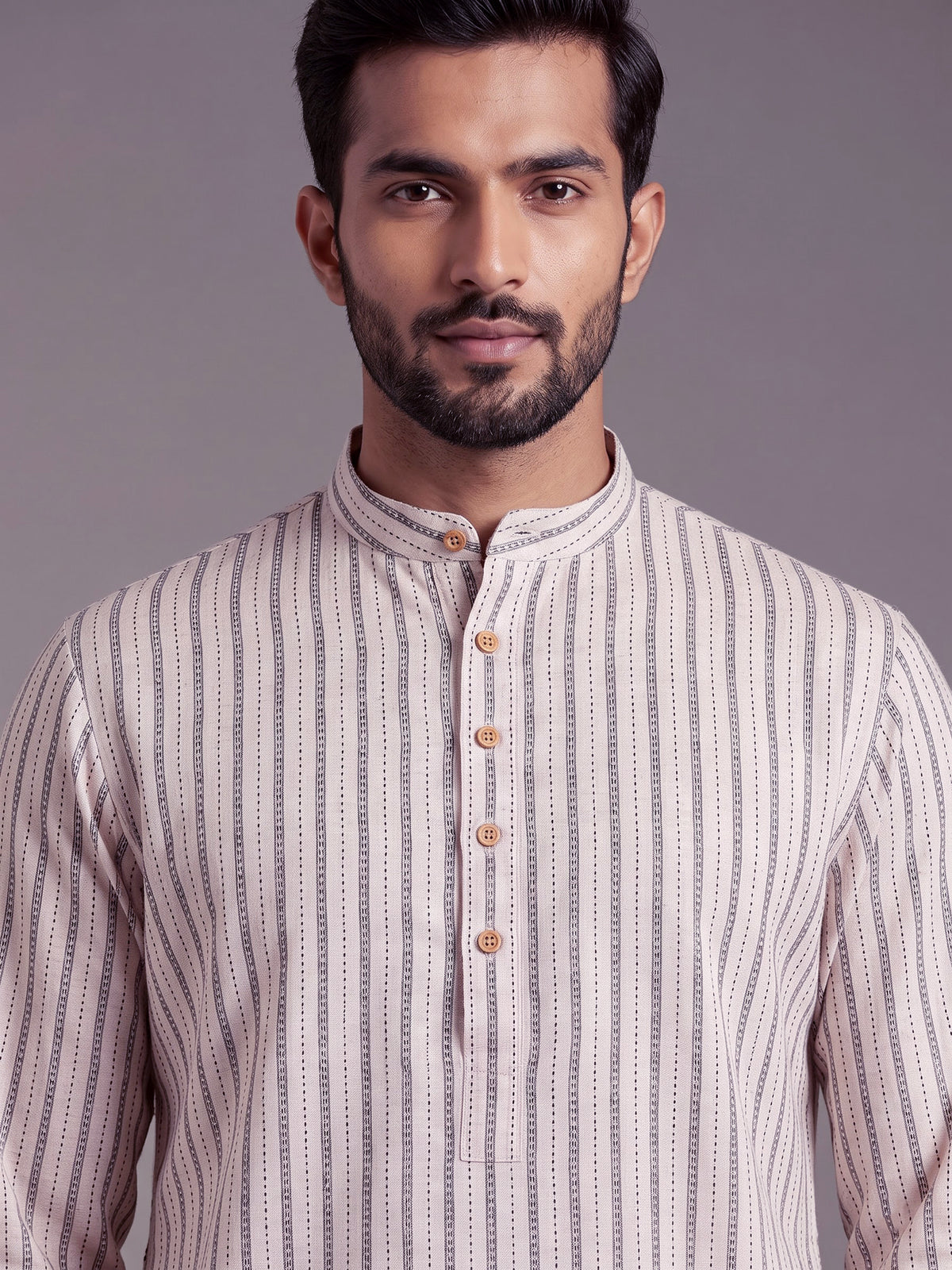 Light beige striped cotton silk blend kurta suit for mens