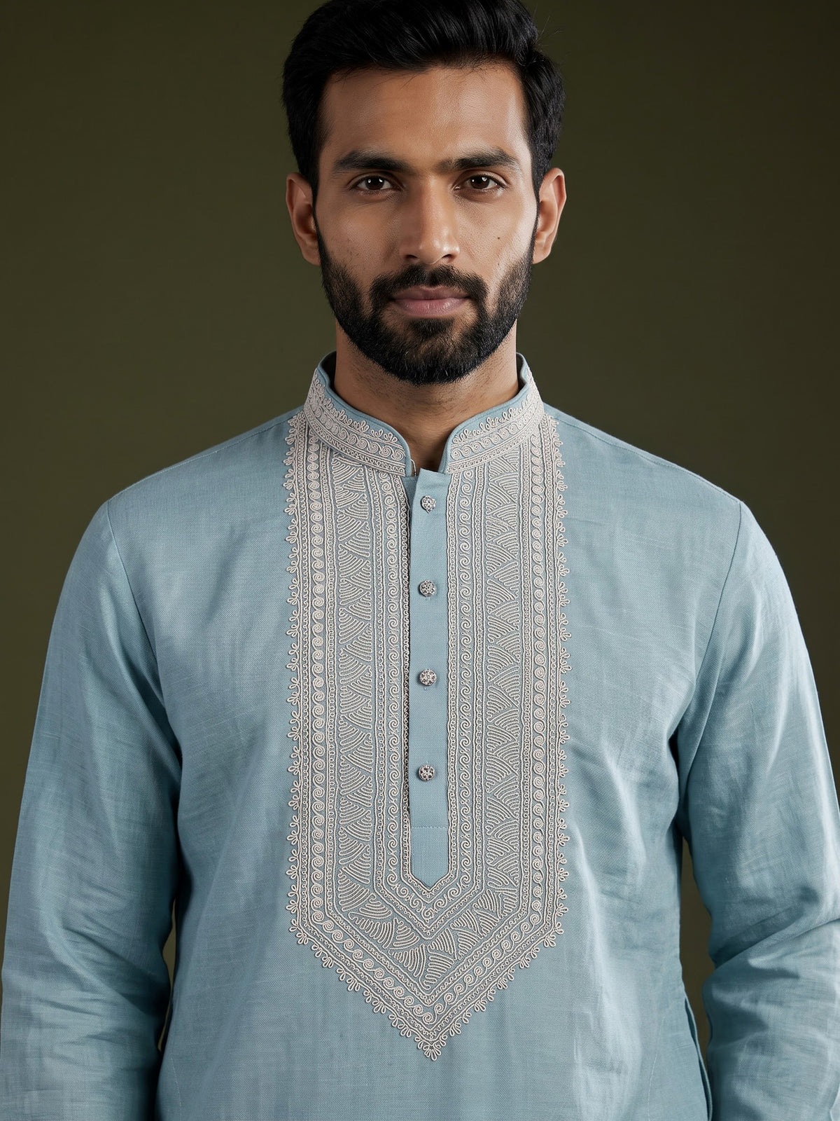 Sky blue cotton silk blend kurta suit with white detailing
