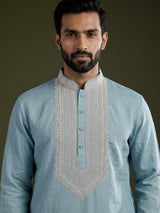 Sky blue cotton silk blend kurta suit with white detailing