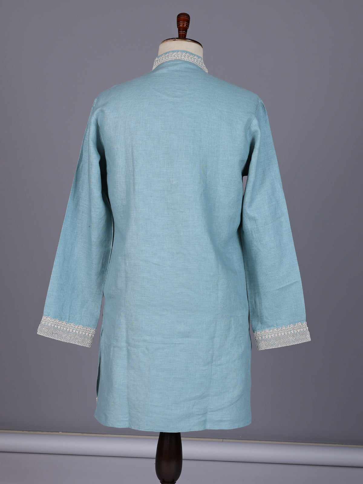 Sky blue cotton silk blend kurta suit with white detailing