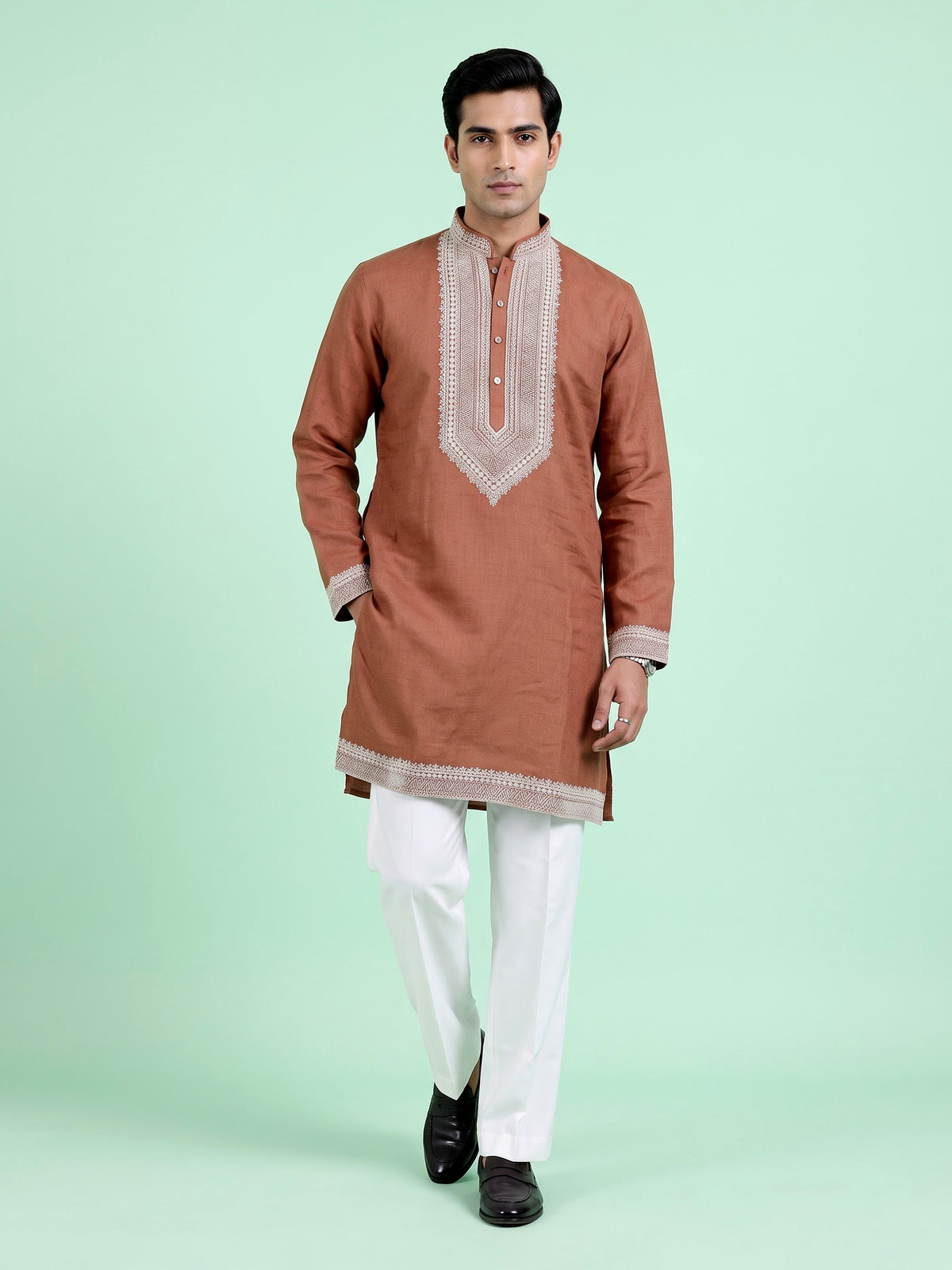 Deep peach cotton silk blend kurta suit with white thread