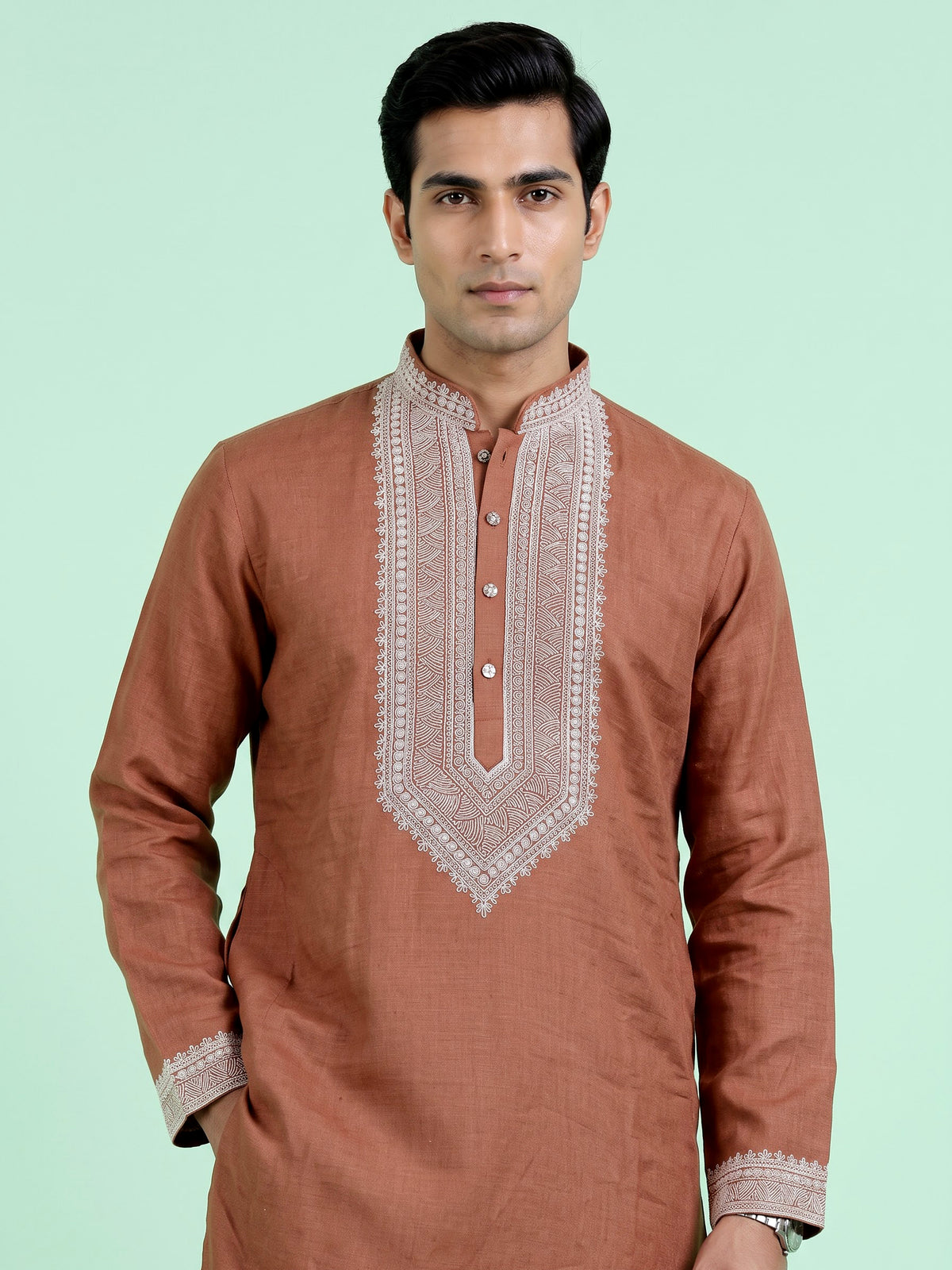 Deep peach cotton silk blend kurta suit with white thread