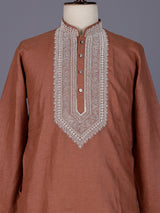 Deep peach cotton silk blend kurta suit with white thread