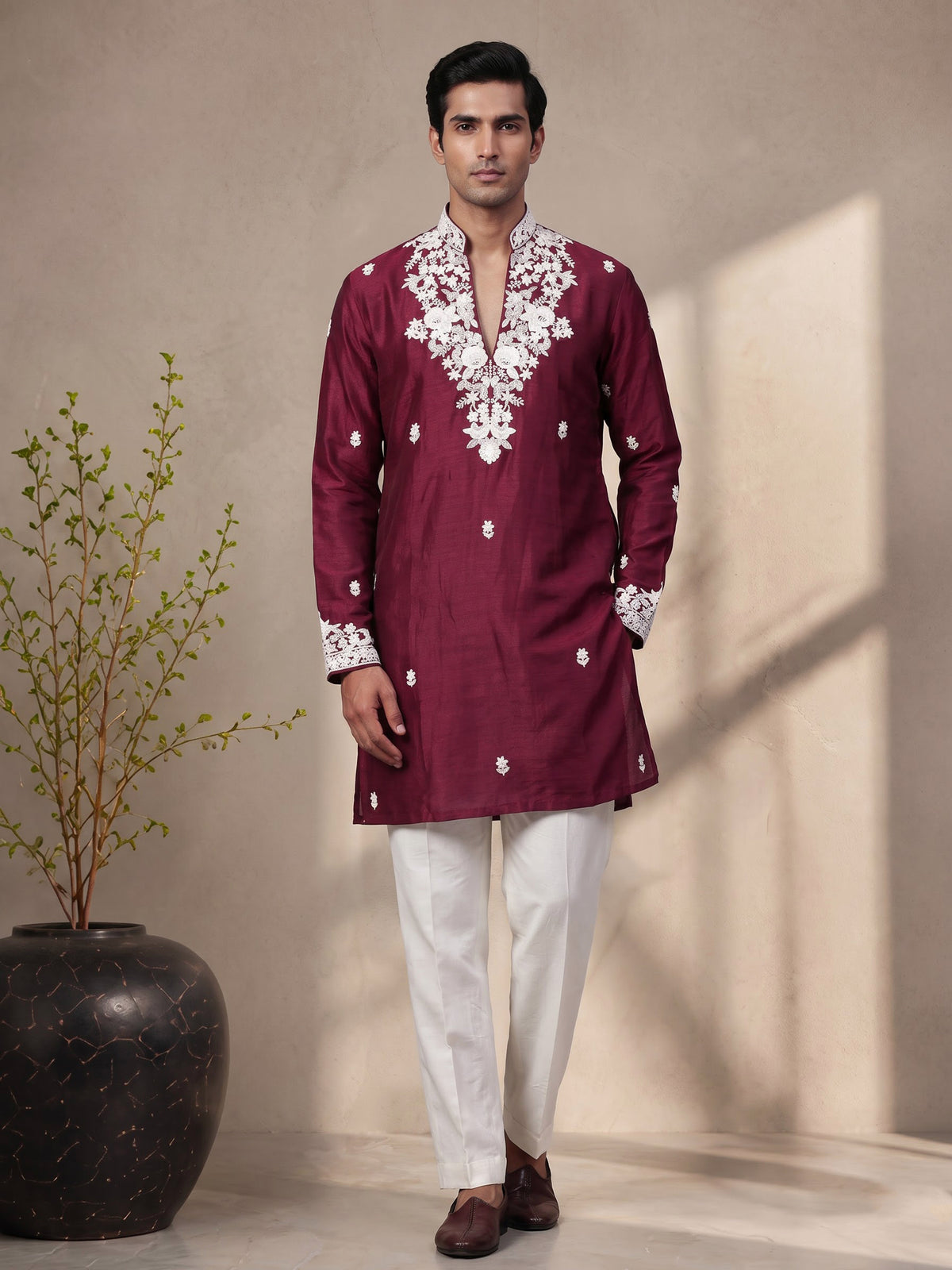 Wine silk kurta suit with intricate floral beadwork for mens