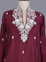 Wine silk kurta suit with intricate floral beadwork for mens