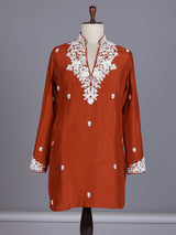 Rust orange silk kurta suit with floral bead embellishments