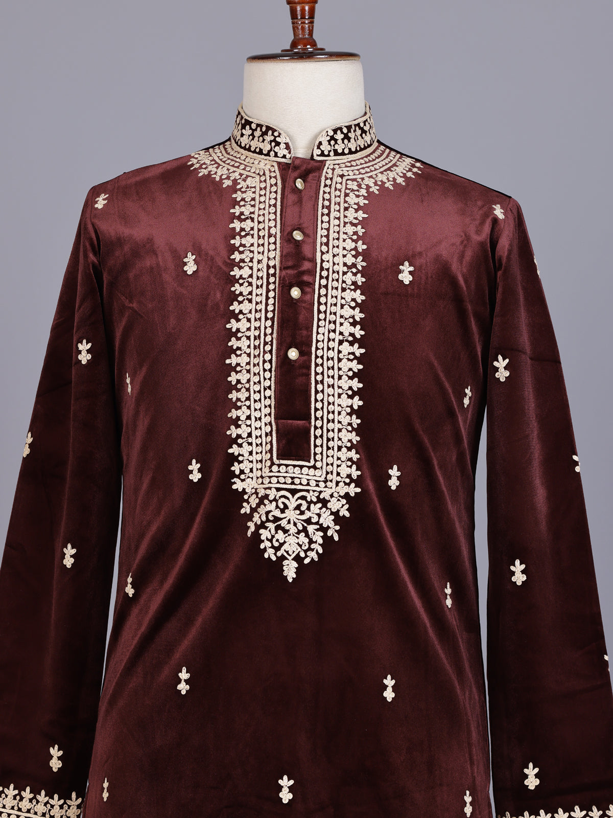 Maroon plush micro-velvet kurta suit with floral threadwork yoke