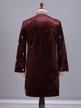 Maroon plush micro-velvet kurta suit with floral threadwork yoke