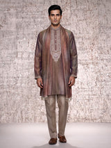Pastel brown silk yoke kurta suit with zardosi pearl detailing