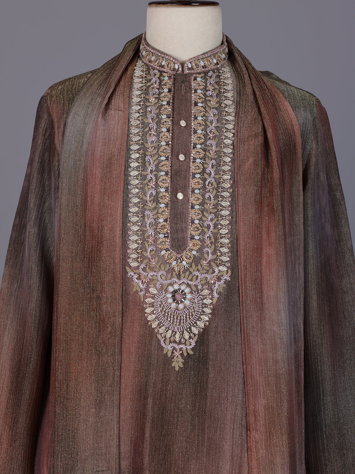 Pastel brown silk yoke kurta suit with zardosi pearl detailing
