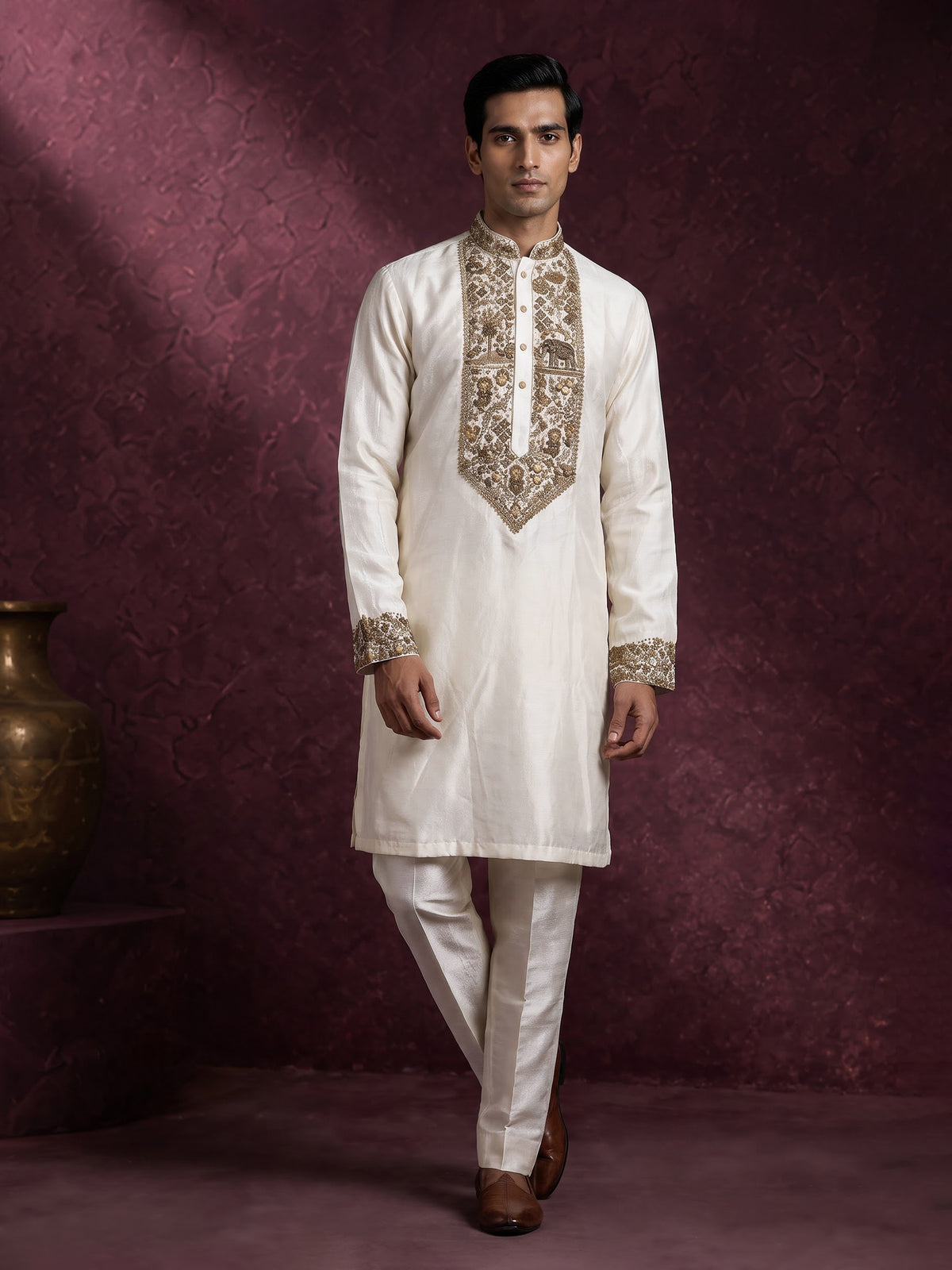 Cream premium silk blend kurta suit with elephant yoke