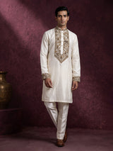 Cream premium silk blend kurta suit with elephant yoke