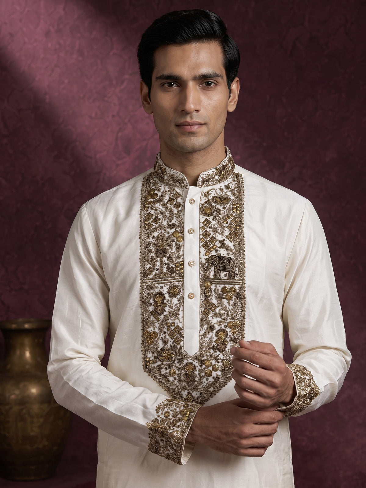 Cream premium silk blend kurta suit with elephant yoke