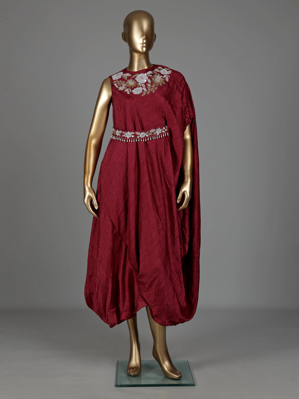 Maroon chiffon silk western-style suit with waistbelt