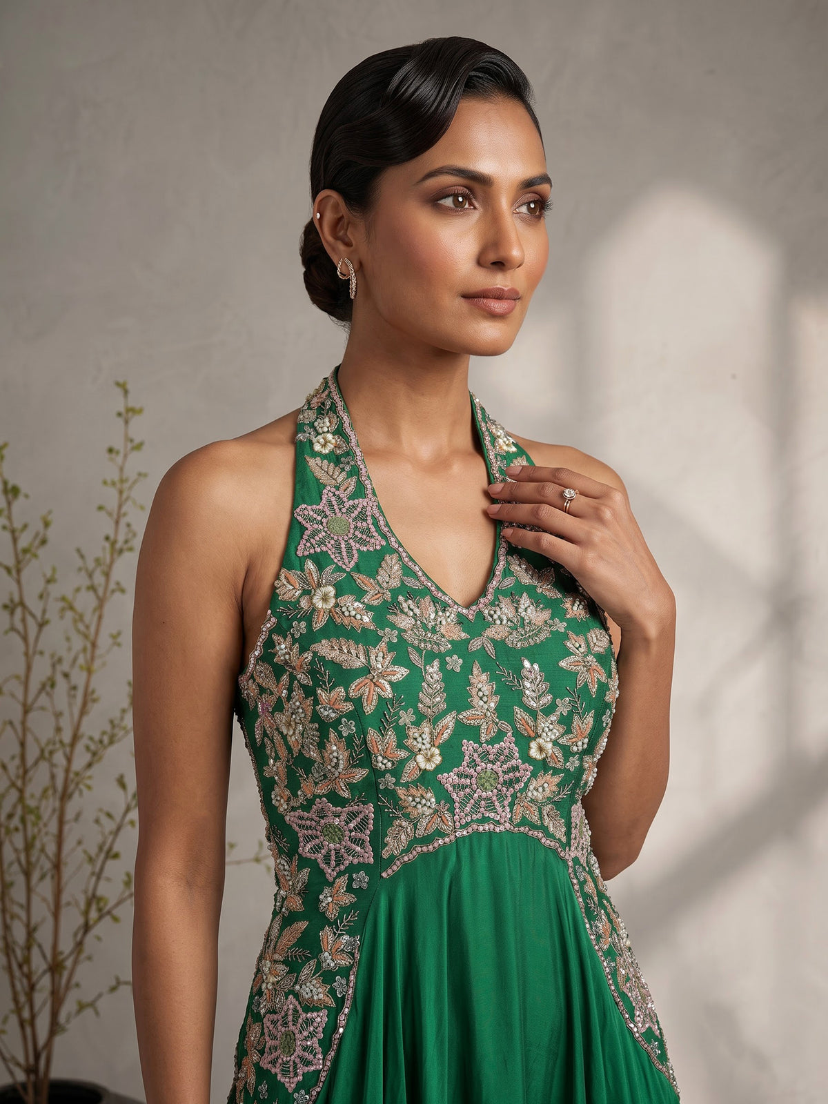 Green satin silk designer anarkali suit