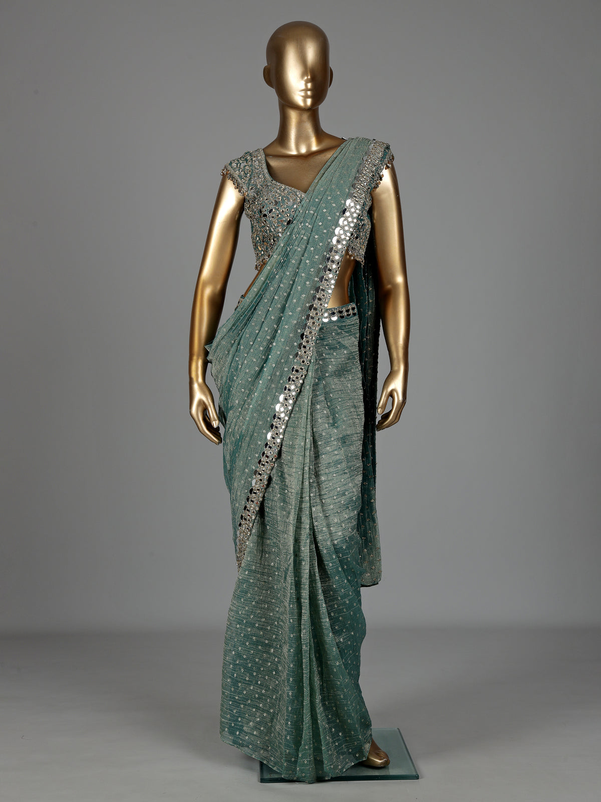Firozi blue organza tissue ready-to-wear saree