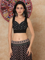 Black printed cotton sweetheart sleeveless back open blouse design