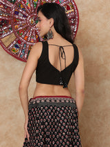 Black printed cotton sweetheart sleeveless back open blouse design